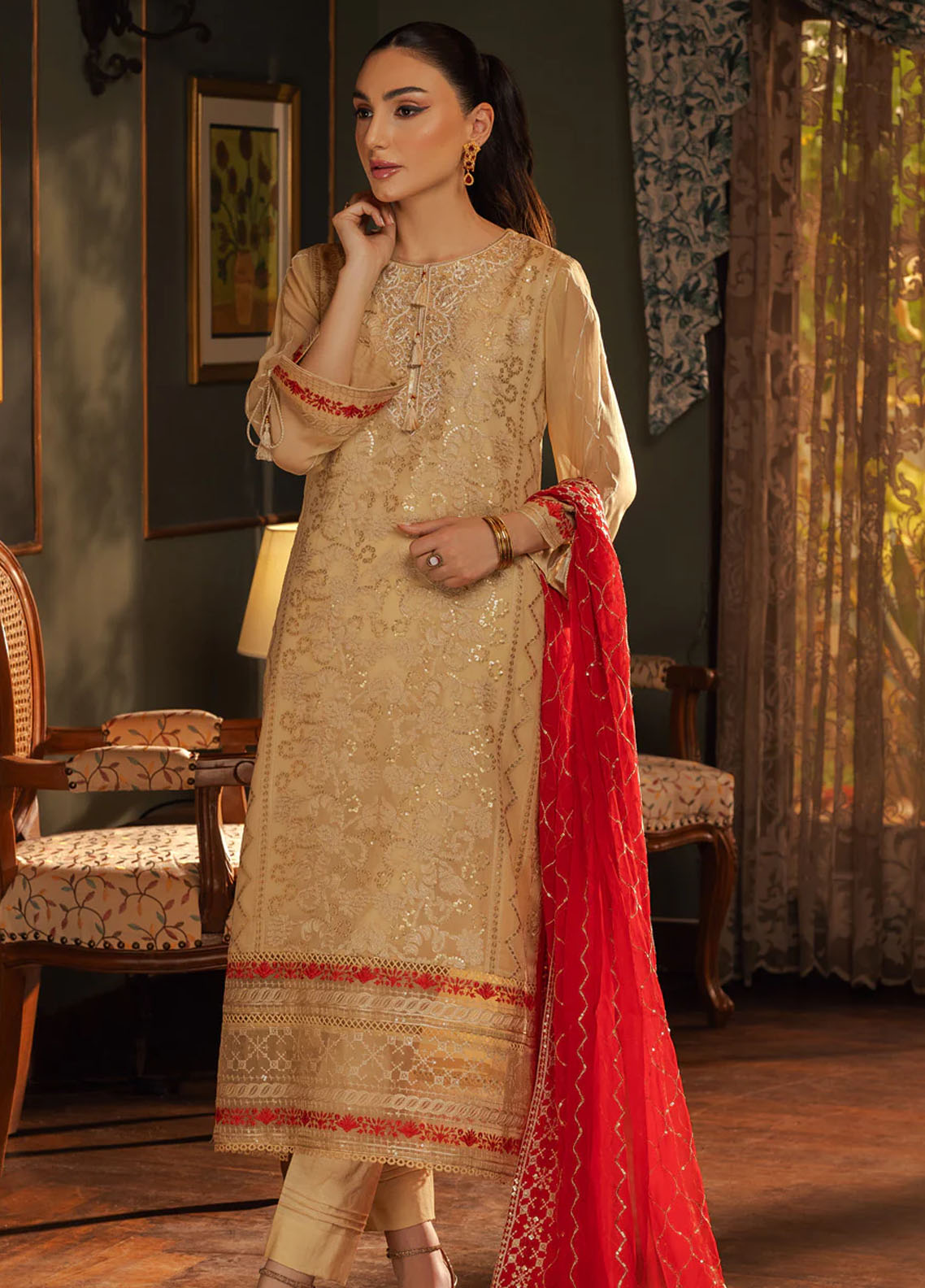 Shamooz Pret Chiffon Formals Stitched 3-Piece Suit - SEM-0680-CAMEL