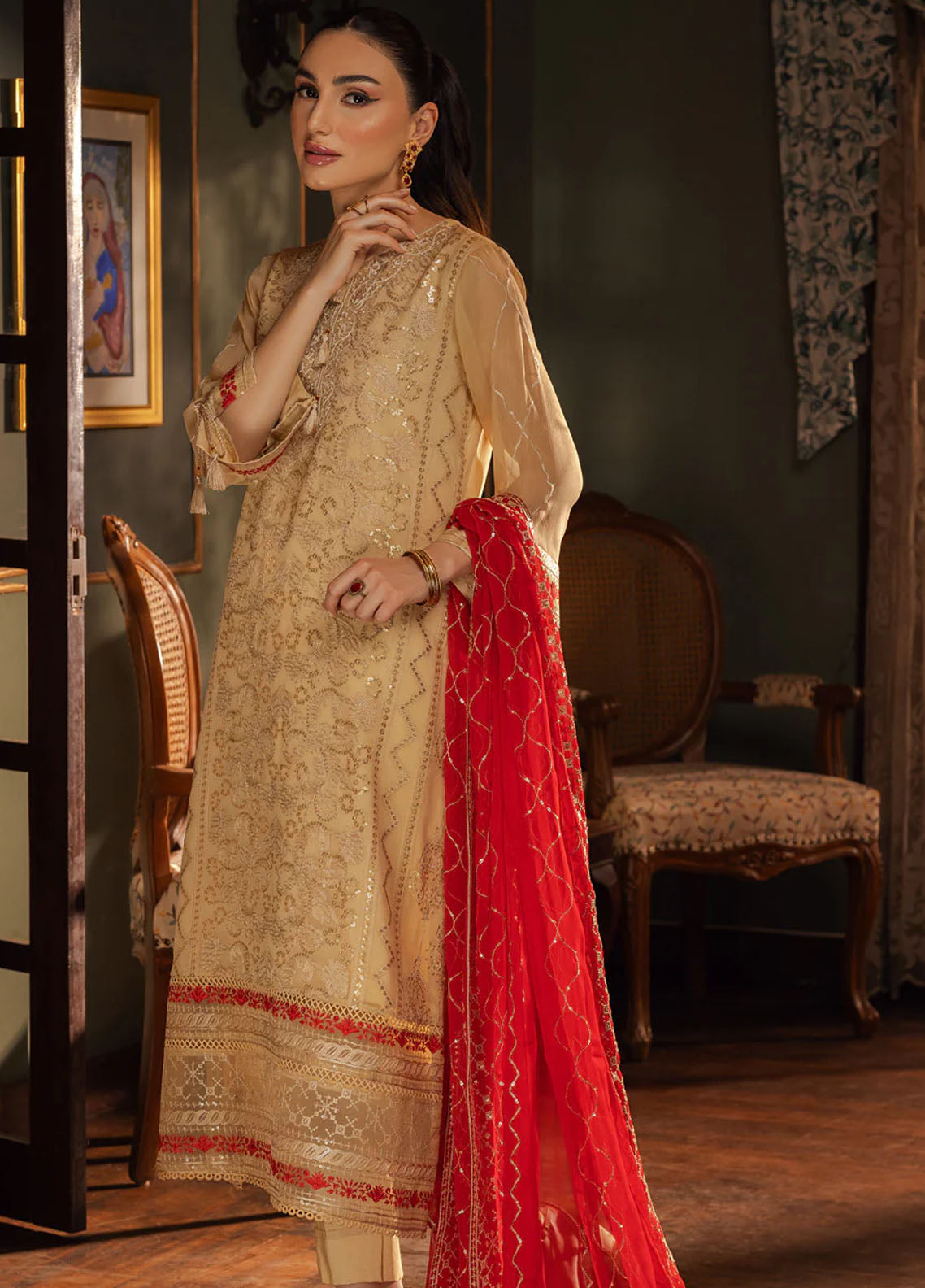 Shamooz Pret Chiffon Formals Stitched 3-Piece Suit - SEM-0680-CAMEL