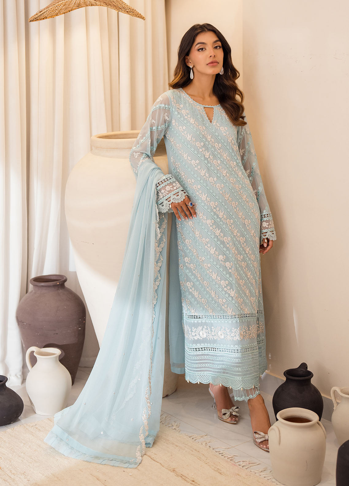 Azure Ensembles Chiffon Unstitched 3-Piece Suit - ESMG-075-MINT GLAZE