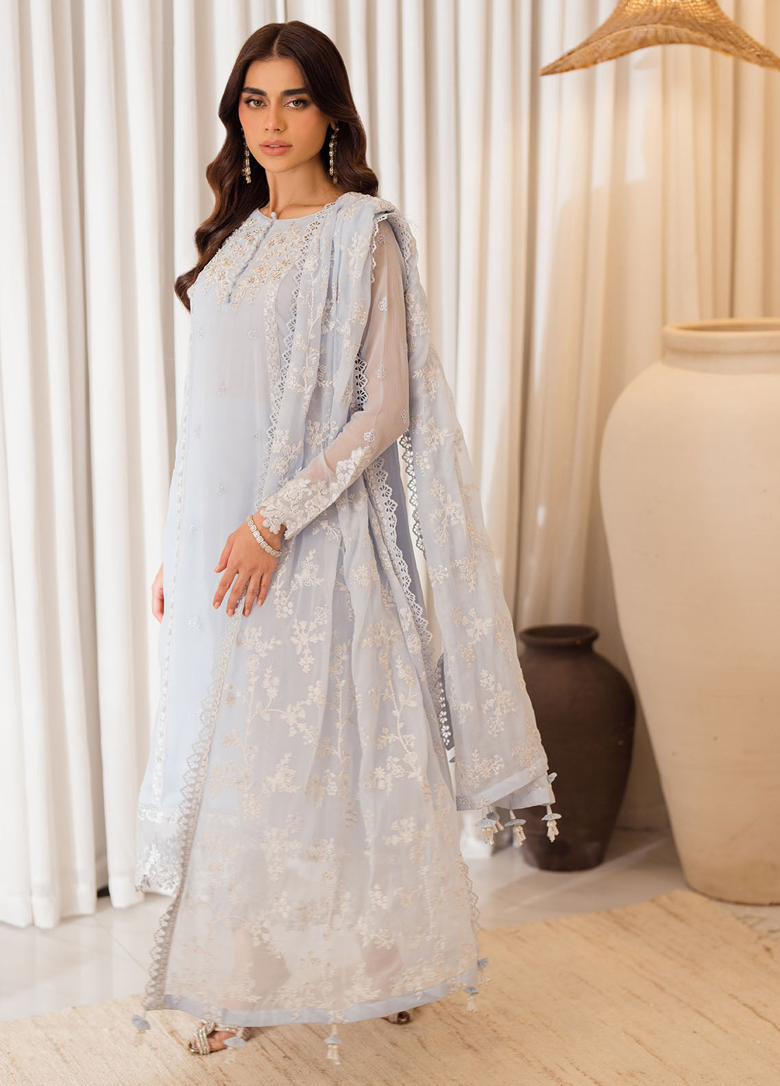 Azure Ensembles Chiffon Unstitched 3-Piece Suit - ESSS-073-SERENITY SKY