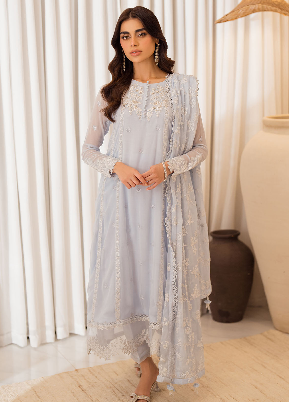 Azure Ensembles Chiffon Unstitched 3-Piece Suit - ESSS-073-SERENITY SKY
