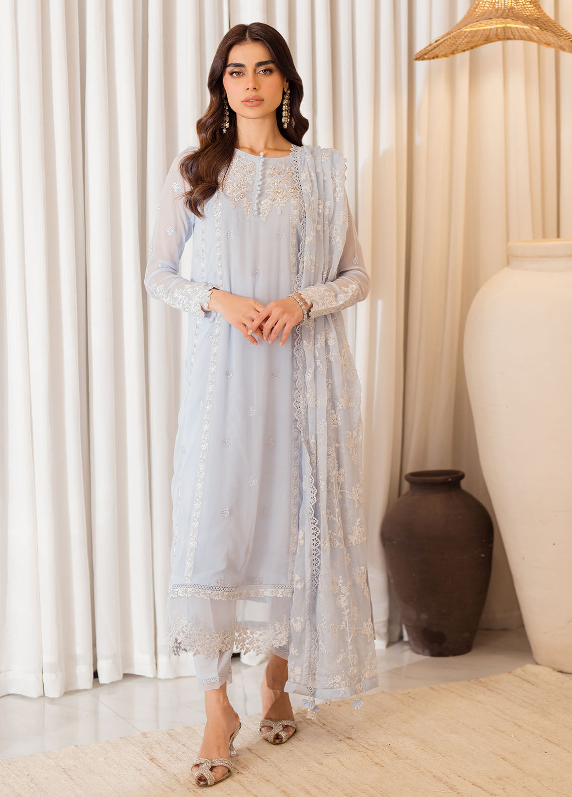 Azure Ensembles Chiffon Unstitched 3-Piece Suit - ESSS-073-SERENITY SKY