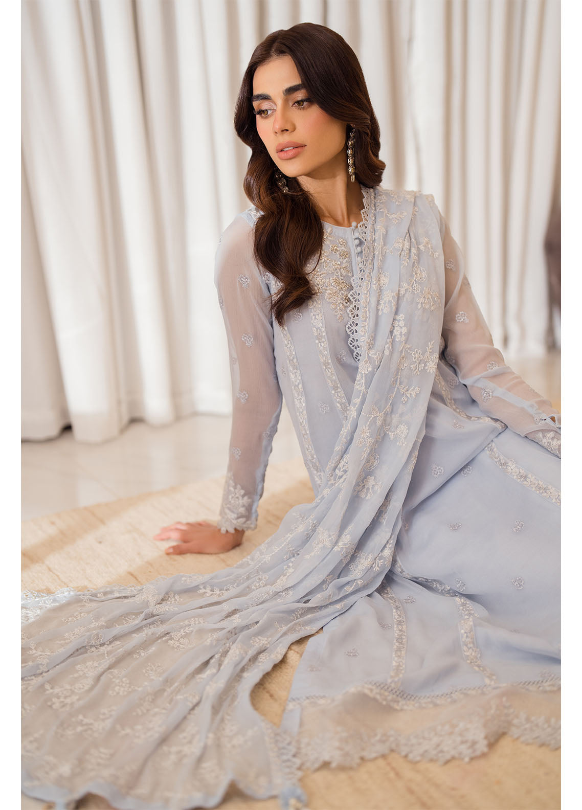 Azure Ensembles Chiffon Unstitched 3-Piece Suit - ESSS-073-SERENITY SKY
