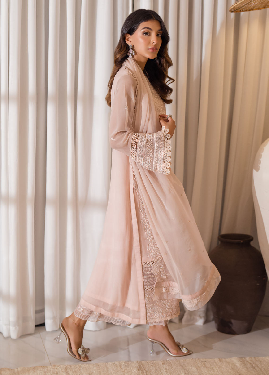 Azure Ensembles Chiffon Unstitched 3-Piece Suit - ESRG-076-ROSY GLOW