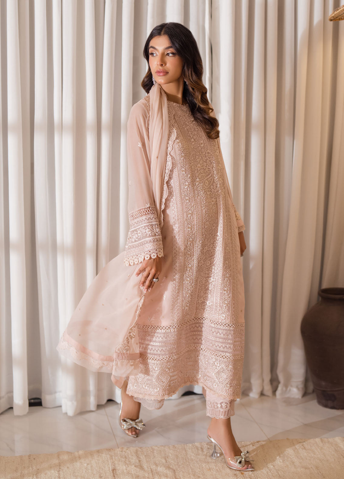 Azure Ensembles Chiffon Unstitched 3-Piece Suit - ESRG-076-ROSY GLOW