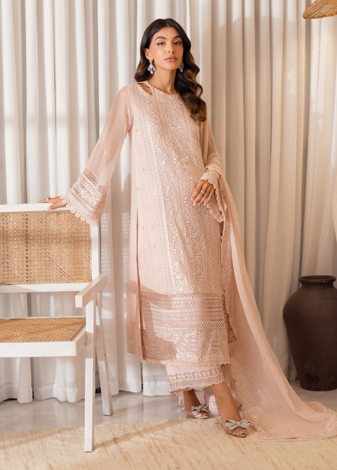 Azure Ensembles Chiffon Unstitched 3-Piece Suit - ESRG-076-ROSY GLOW